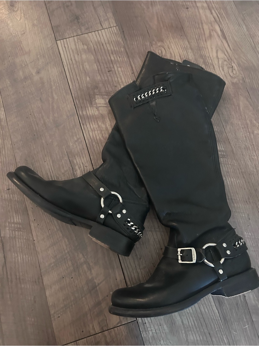 FRYE AND CO. Black Tall Harness Boots with Silver Buckles